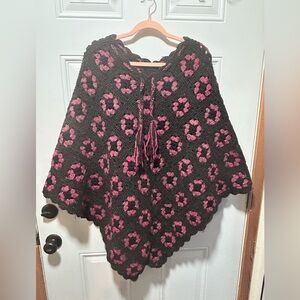 Crocheted Sparkly Black and Pink Poncho